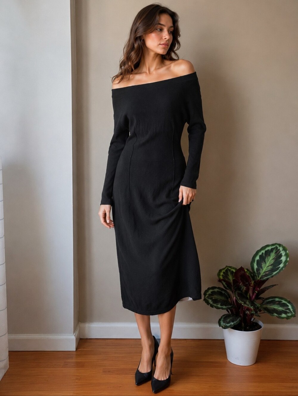 Eva Mendes Black Off Shoulder Sweater Dress Rayon Blend Size L